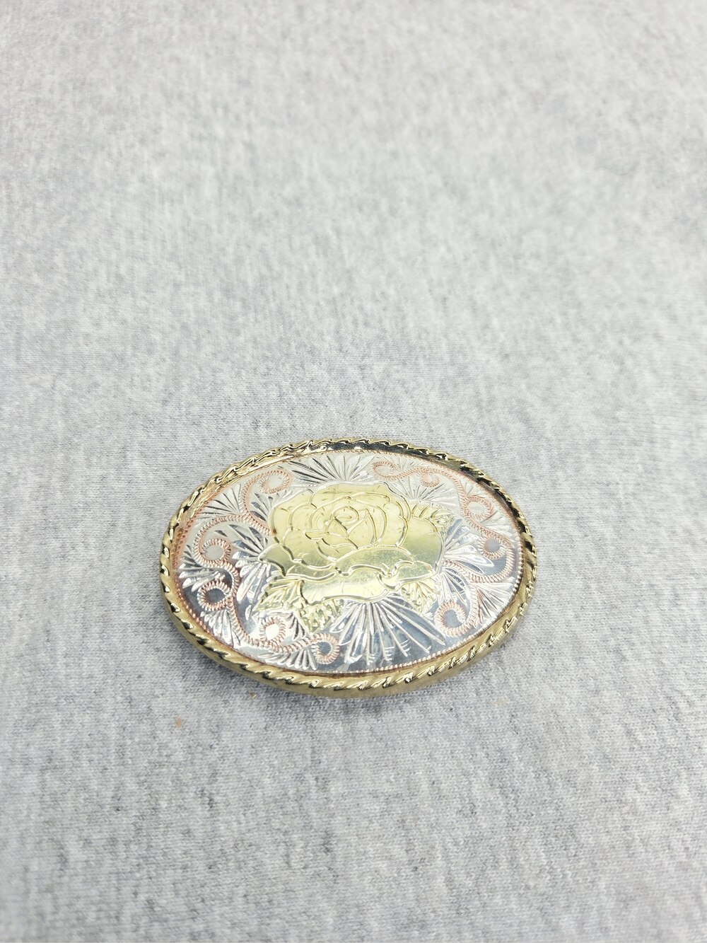 Vintage Tri Color Rose Engraved Oval Western Belt Buckle
